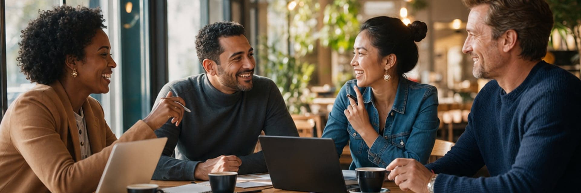 Diverse business professionals — broker, consultant, content creator — networking