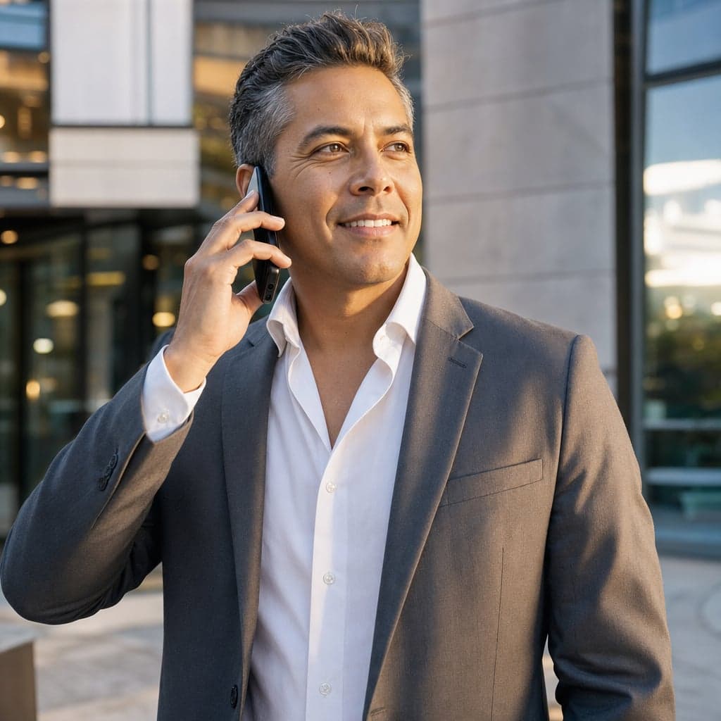 Real estate broker on the phone outside a modern office