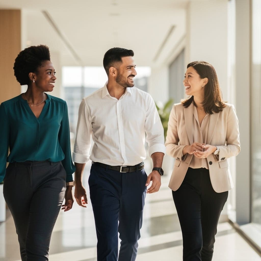 Three professionals walking in modern office hallway
